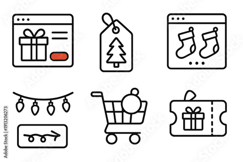 Festive E-commerce Icons. Christmas E-commerce outline icons: wrapped gift listing, pine tree tag, red button, wreath header, stocking image gallery, light string divider, festive