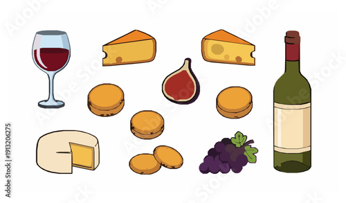 Cute cartoon wine and cheese vector set with red wine bottle cheese grapes and figs isolated on white background