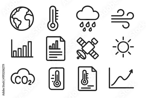 Climate Change Icons. Global Climate Reports outline icons: globe, thermometer, cloud, rainfall icon, wind symbol, bar chart, data report, satellite, sun, CO2 symbol, document,