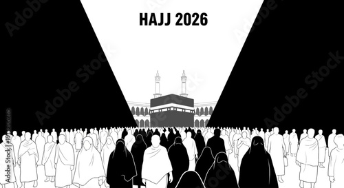 Pilgrims gathered at the mosque for Hajj 2026 ceremony illustration from behind