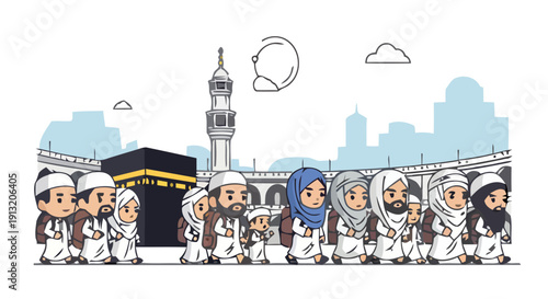 Group of pilgrims gathered near a mosque with a minaret, preparing for a religious ceremony in a cityscape, viewed from the side.