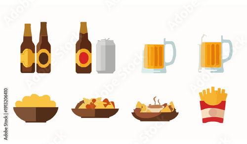 Beer and Salty Snacks Flat Vector Set with Bottles Mugs Cans and Fast Food Isolated on White Background