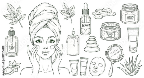 Woman with towel on head applying cream to face amidst beauty products