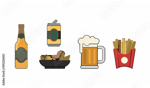 Minimal Beer Drinks and Salty Fast Food Icon Set Flat Vector Isolated on White