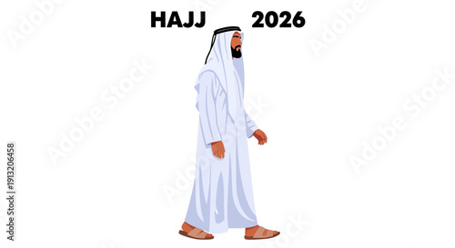 Man in traditional attire walking during Hajj pilgrimage ceremony illustration from a side view