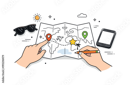 Summer travel planning. Close-up of hands marking destinations on a paper map next to sunglasses and a phone. Calm preparation moment
