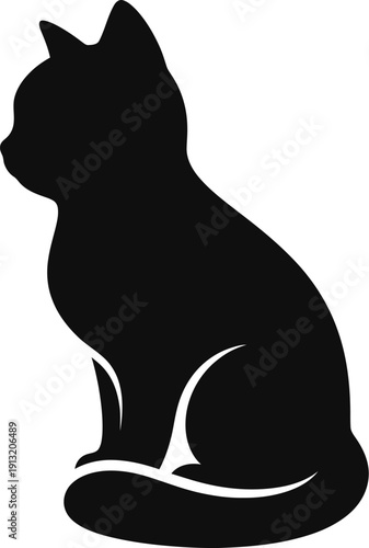 Black silhouette of a cat sitting curled up with its head turned to the side showcasing a simple clean design for various graphic uses.