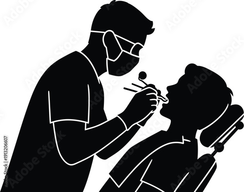 Dentist examining patient's teeth with dental tools while wearing protective mask in a dental chair setup with professional care and attention to detail.