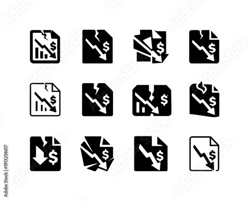 Economic downturn. Icon set. Set Logo of Economic downturn: distressed financial document. harmonious logo variations of the same emblematic