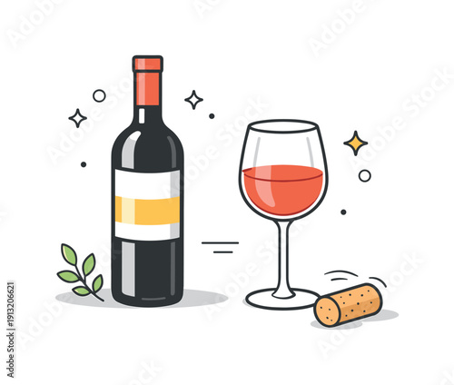 Wine Tasting Essentials. Wine tasting preparation. A cork resting on the table beside an opened wine bottle and glass, relaxed anticipation and refined