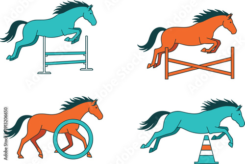 Set of Horse Agility and Show Jumping Icons Featuring Equestrian Animals Leaping Over Hurdles Bars Hoops and Traffic Cones Isolated on White Background for Sports Design