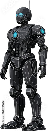 Futuristic robot with glowing blue eyes and shoulders standing against a white background showcasing advanced technology and artificial intelligence in a sleek mechanical design.