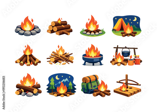 Camping Fire. Colorful flat vector icons set of Camping Fire: campfire with stones, stacked firewood, outdoor flames, campsite warmth, fire
