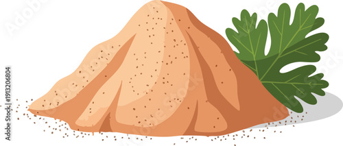 A pile of granular material with a green leaf on the side, suggesting ingredients or components