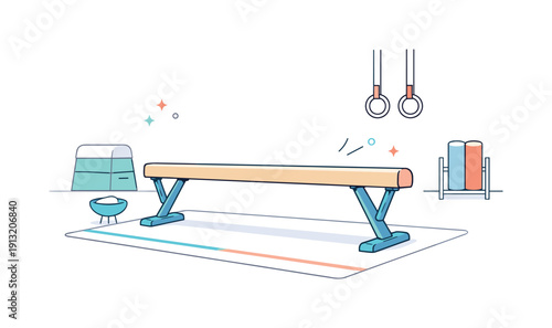 Balance beam in a gym setting. Editorial scene with a balance beam placed in a minimalist gym environment, soft floor lines and simple