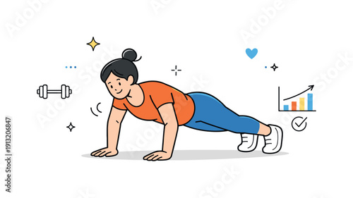 Building strength through movement. A simple scene with a person lifting light weights or doing bodyweight exercises, showing controlled