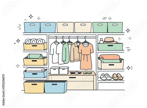 Closet organization system. Custom-sized bins arranged neatly in a wardrobe, clothes and accessories placed with intention. Peaceful,