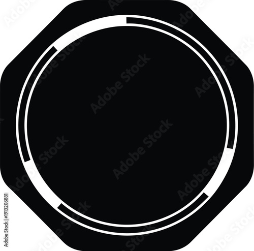 Simple black and white graphic of a nut or bolt head on a clean white background ideal for industrial or mechanical designs.