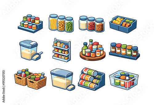 Pantry Storage. Colorful isometric vector icons set of Pantry Storage: tiered shelf organizer, pasta in jars, glass canisters, snack bins,