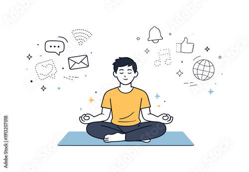 Unplugged relaxation. A person sits on a mat practicing breathing or meditation while digital icons fade away. Editorial metaphor for rest