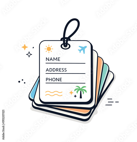 Calm Luggage Tags Design. Luggage tags stack. A tidy pile of soft-tone luggage tags with minimal type, abstract decorative elements enhancing order and calm