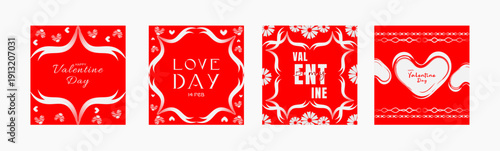 Valentine's Day 4 Page Set with Hearts and Typography Red Background Flat Vector Illustration