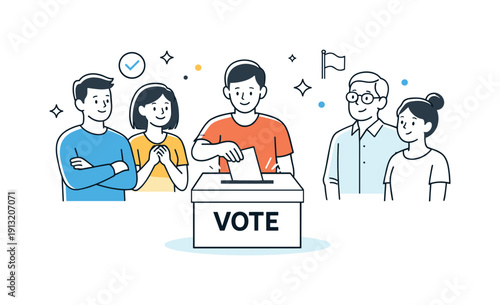 Voting awareness. A person places a ballot into a box while others observe calmly. Editorial metaphor for participation and responsibility.