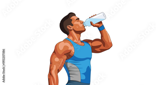 Illustration of a muscular man drinking from a water bottle while wearing a blue tank top and wristband on a plain white background.
