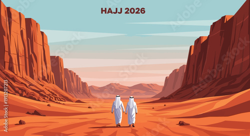 Two pilgrims walking through a vast desert landscape surrounded by majestic rocky mountains under a clear blue sky