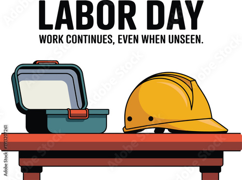 Labor Day poster with lunchbox and hard hat on table work