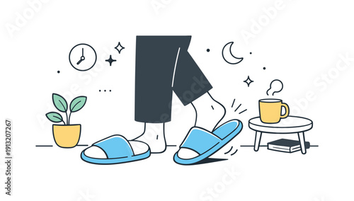 Simple daily ritual. An editorial scene showing slippers neatly placed and a person stepping into them, symbolizing slowing down and being at