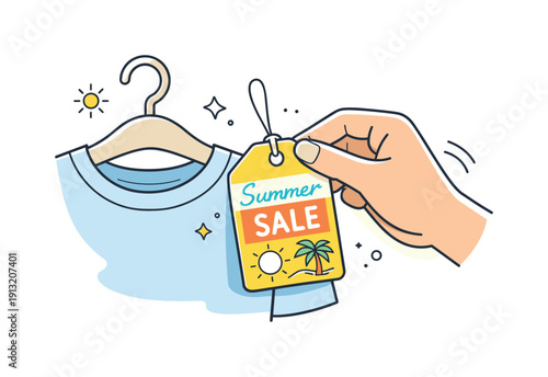 Summer sale tags. Close-up scene of a hand attaching a summer sale tag to clothing. Friendly retail interaction, seasonal promotion and calm