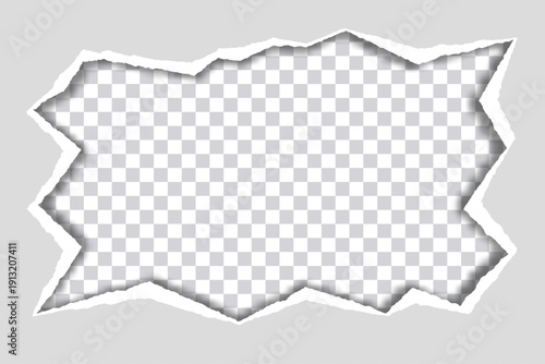 Gray torn paper frame vector with white ripped edge border overlay, soft inner shadow, and copy space in center