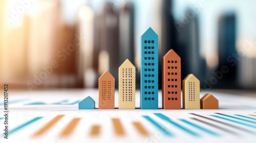A conceptual representation of real estate growth with colorful miniature building models on a financial chart, symbolizing property investment and market trends.