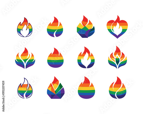 Pride. Icon set. Set Logo of pride: upward flame symbol. harmonious logo variations of the same emblematic concept, each with different