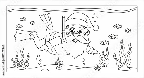 Santa Claus scuba diving with fish and underwater plants, a whimsical holiday scene.