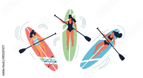 Three women paddleboarding on colorful boards with oars, against a clean white background with a playful and active mood.