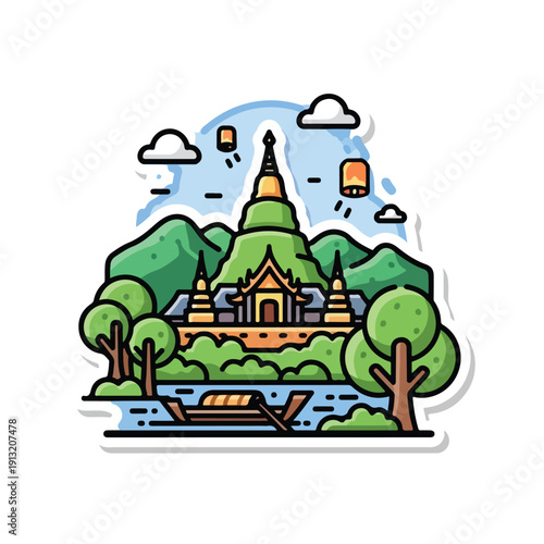 Illustration of a serene temple surrounded by lush greenery and hot air balloons floating above