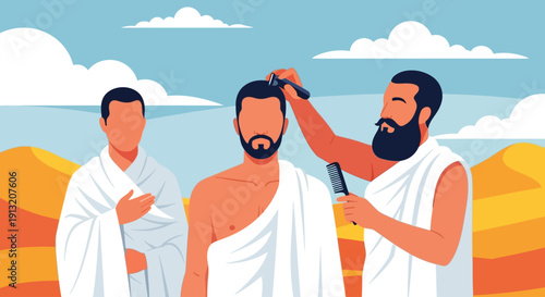 Three men in white robes standing in a desert landscape with one man getting a haircut from another