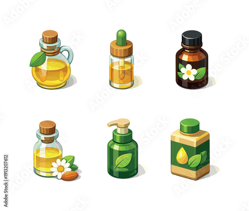 Natural oils. Isometric flat vector icons set of natural oils: botanical oil bottle, organic extract vial, plant essence container, natural