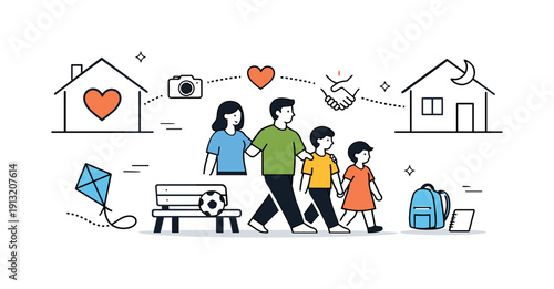 Connected Family Journey. Moving forward as a family. Separate households suggested through minimal icons, connected by shared moments and symbols of care. The