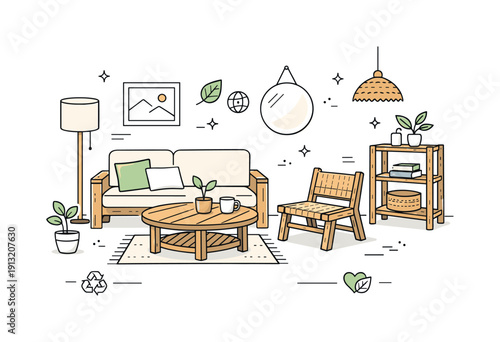 Inspirational design with ecology materials trend. Minimal interior scene featuring furniture made from recycled wood and natural textures.