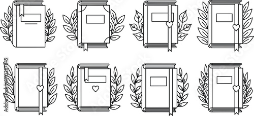 Classic book collection with laurel wreath and bookmarks, elegant literature award and library education symbols set vector illustration isolated on white background.