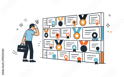 Overqualification barrier. Character blocked by a wall made of icons like diplomas or medals, unable to move forward. Frustration with being