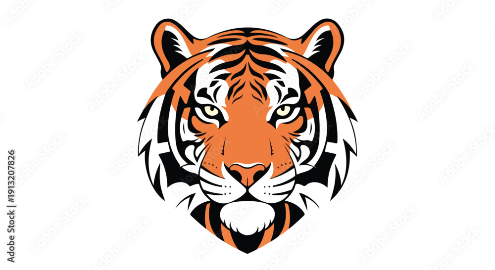 Fototapeta premium Close-up illustration of a tiger's face with orange, black, and white stripes against a clean white background.