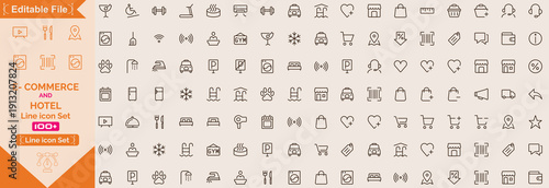 Hotel E-commerce icons set. Including shopping cart, online store, delivery, payment, discount, customer support. Hotel services related icons room characteristics, meals, Editable Stock.