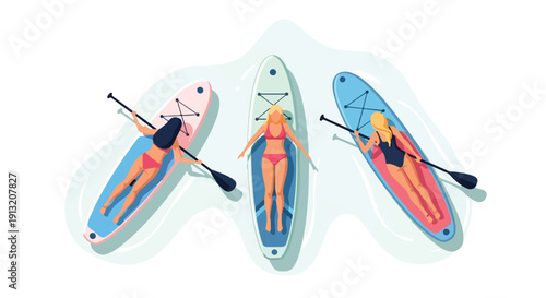 Illustration of three women lying on colorful stand-up paddleboards with oars on a white background.