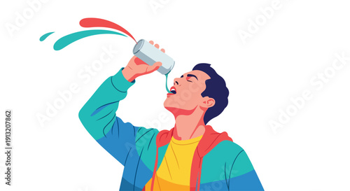 Illustration of a young man drinking from a bottle with colorful liquid splashes against a clean white background.