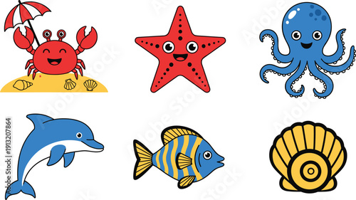 Cute sea animals and shells set, cartoon ocean creatures with crab, starfish, octopus, dolphin and fish vector illustration isolated on white background.
