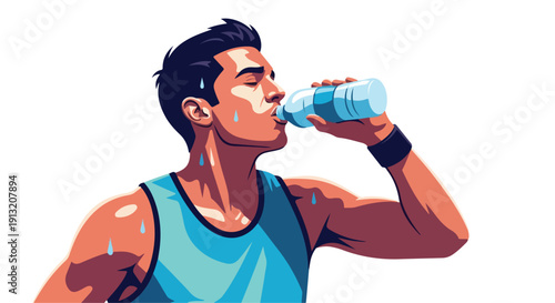 Illustration of a muscular man drinking from a water bottle while wearing a blue tank top against a white background.